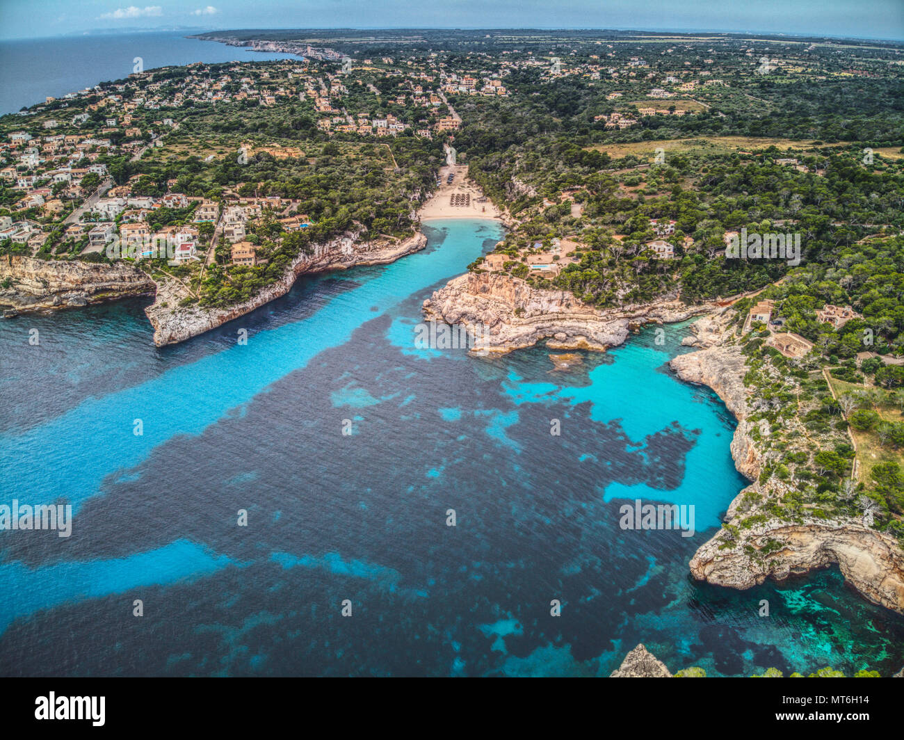 Luftaufnahme der Küste in der Nähe von Cala Santanyi, Mallorca, Balearen, Spanien, Europa Stockfoto