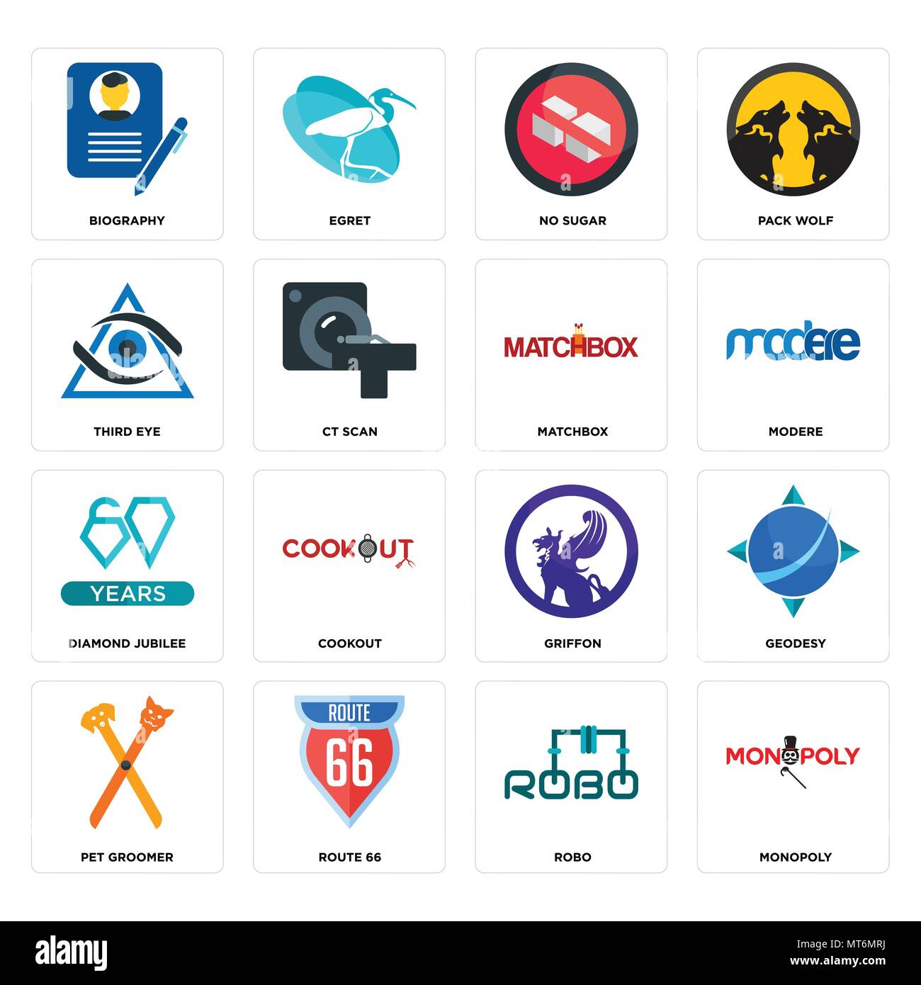 16 Einfache editierbare Symbole wie Monopoly, robo, Route 66, Pet groomer,  Geodäsie, Biographie, drittes Auge, diamond Jubilee, streichholzschachtel  können verwendet Fo Stock-Vektorgrafik - Alamy