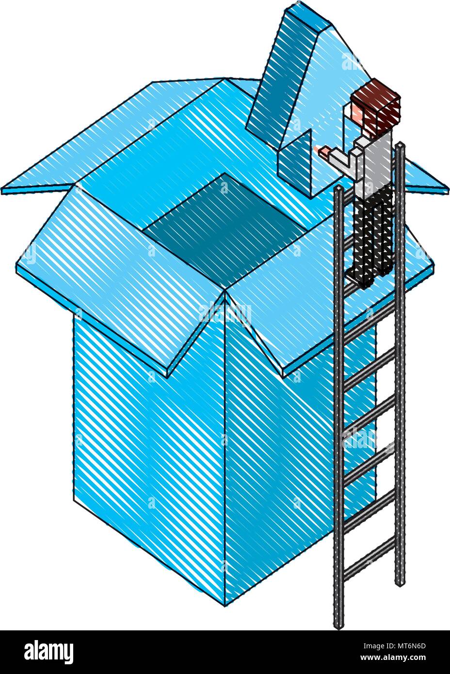 Geschäftsmann holding Upload Pfeil-isometrische Vector Illustration Zeichnung Stock Vektor