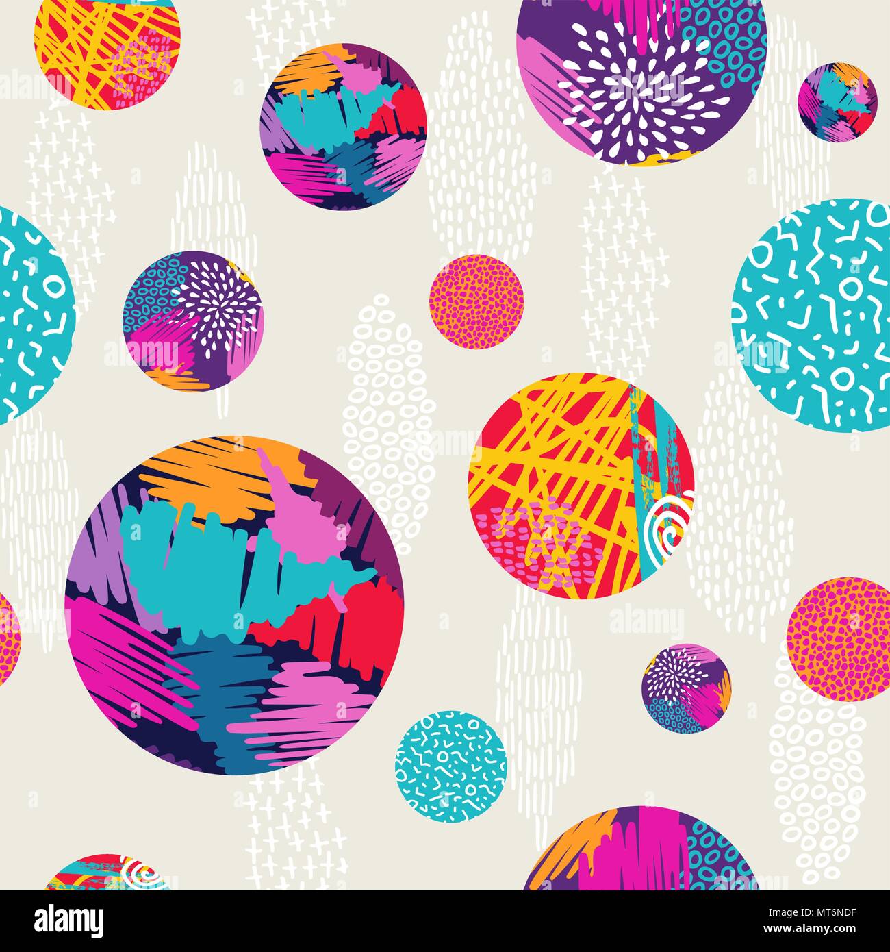 Abstract ethnische inspiriert nahtlose Muster, Hand gezeichnet doodle Dekoration mit bunten Kreis Kunst Hintergrund. EPS 10 Vektor. Stock Vektor