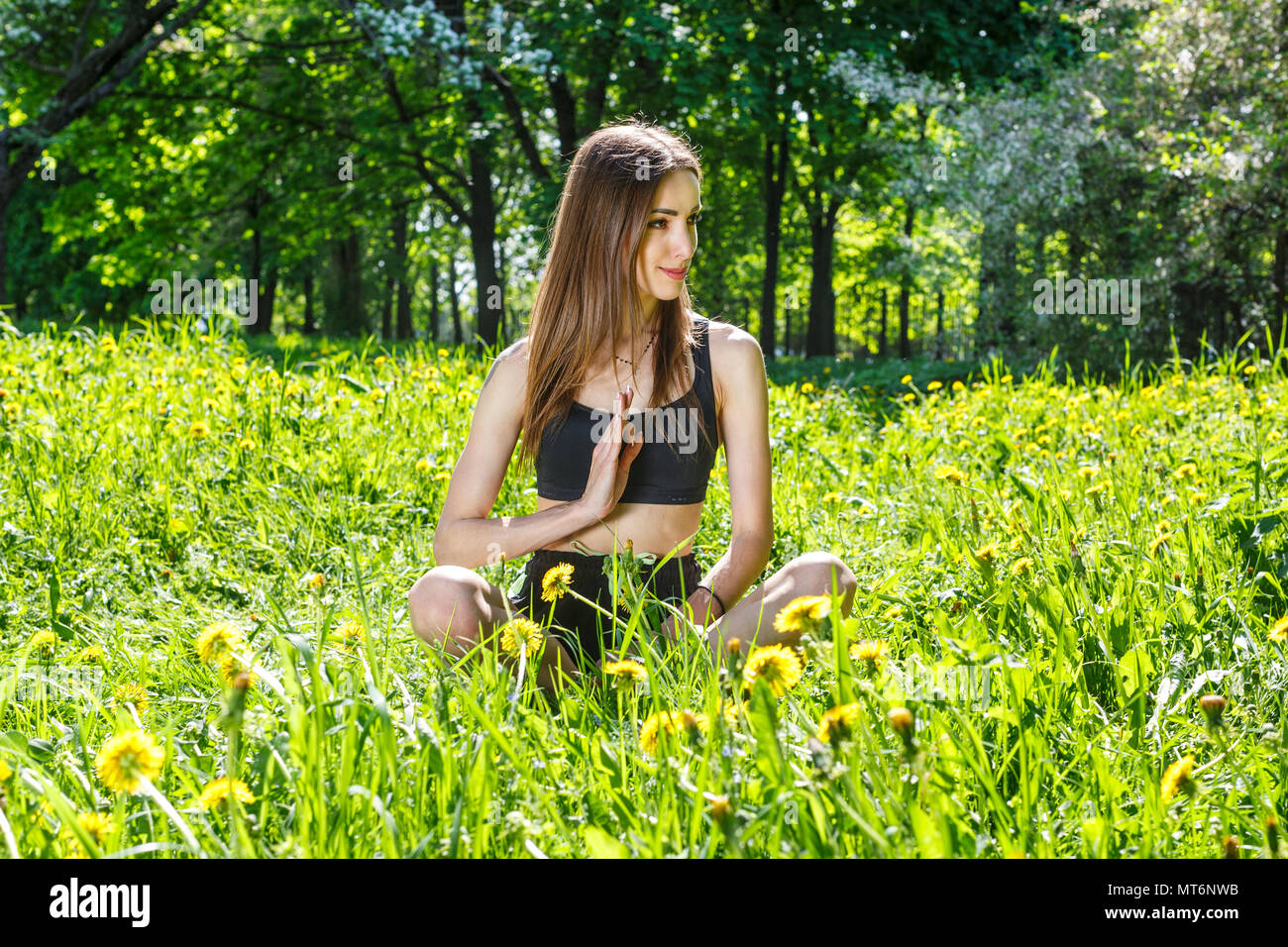 Junge, schöne Frau Sport Übungen in eine sonnige Wiese im Park Stockfoto