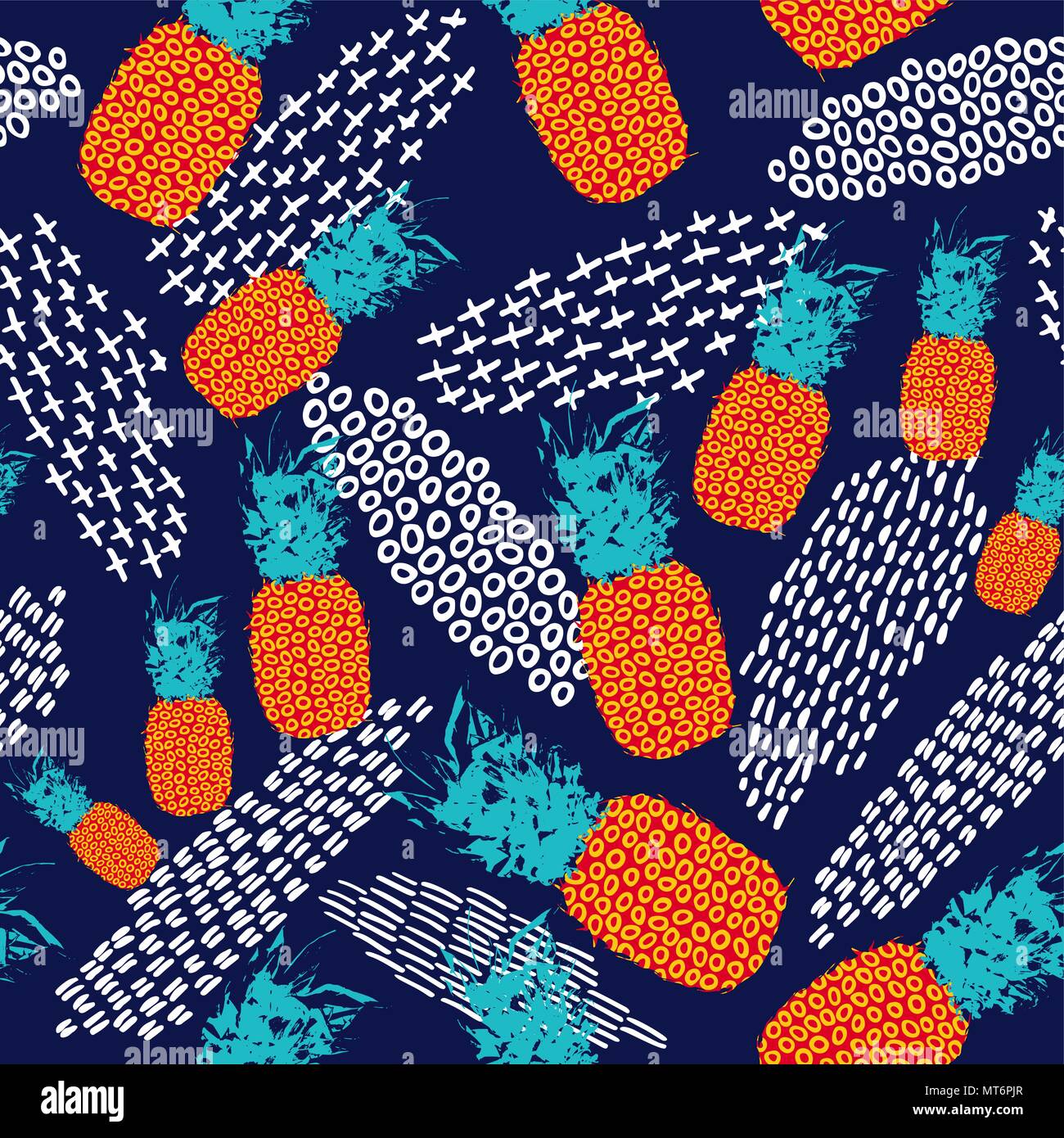 Ananas Obst nahtlose Muster, Sommer essen Hintergrund in Fun leuchtende Farben mit Hand gezeichnet doodle Dekoration. EPS 10 Vektor. Stock Vektor