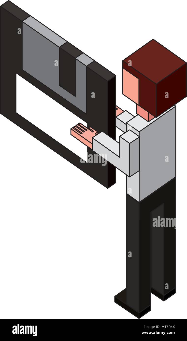Rückansicht Geschäftsmann mit Diskette in Händen isometrische Vector Illustration Stock Vektor