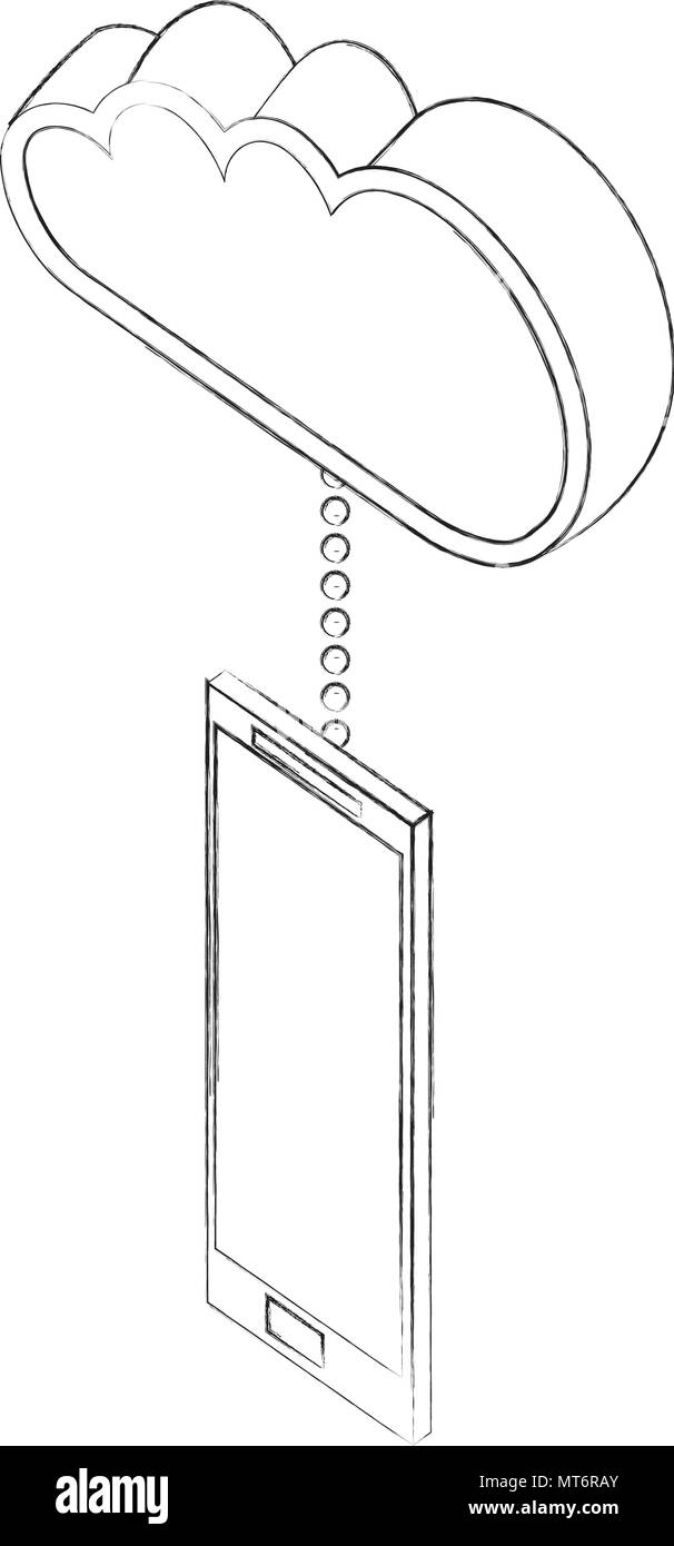 Smart Phone angeschlossen Cloud Storage Data isometrische Bild Vektor-illustration Skizze Stock Vektor