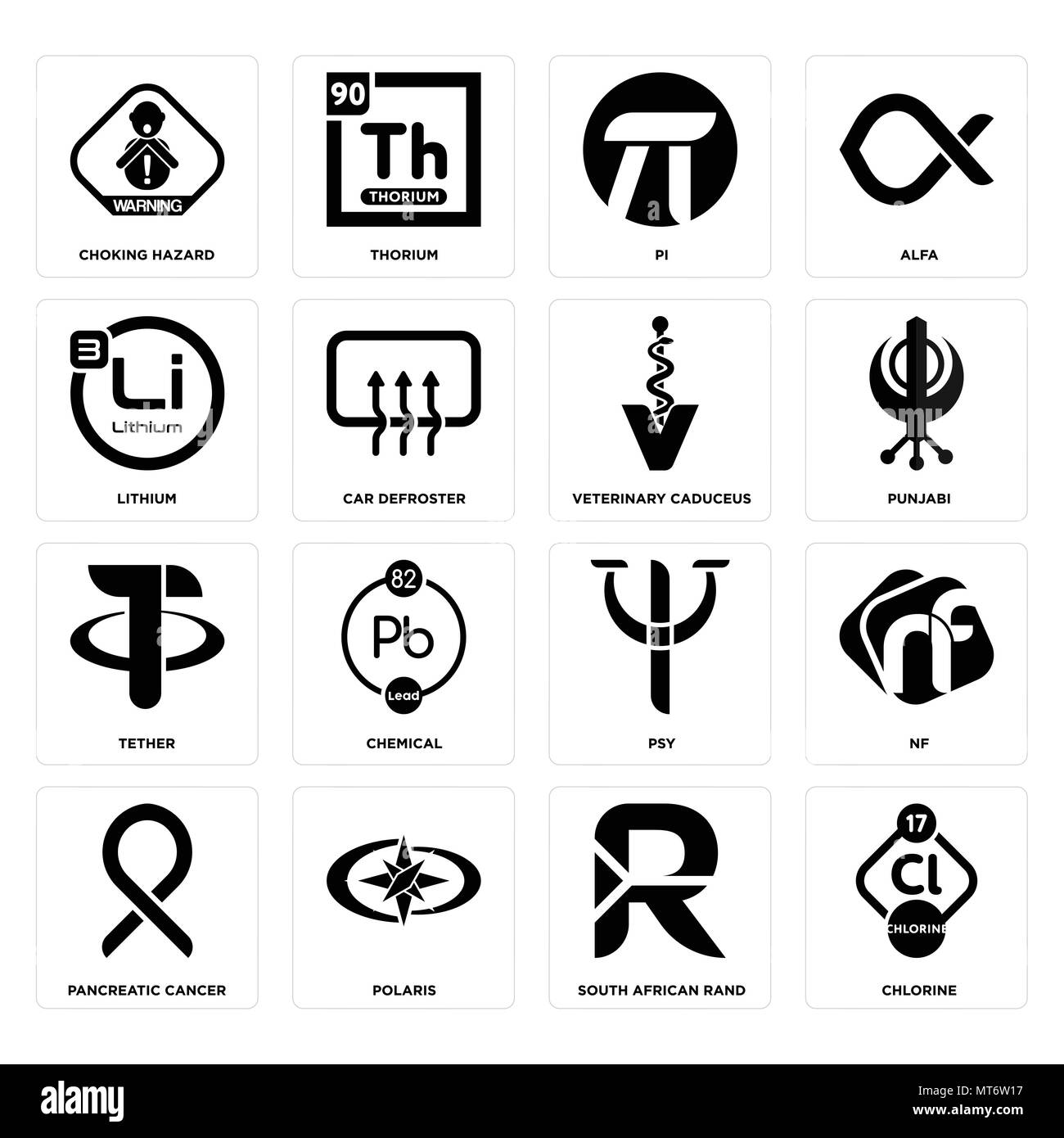 16 Einfache editierbare Symbole wie Chlor, South African Rand, Polaris, Bauchspeicheldrüsenkrebs, NF, Erstickungsgefahr, Lithium, Halteband, Veterinär cadu Stock Vektor