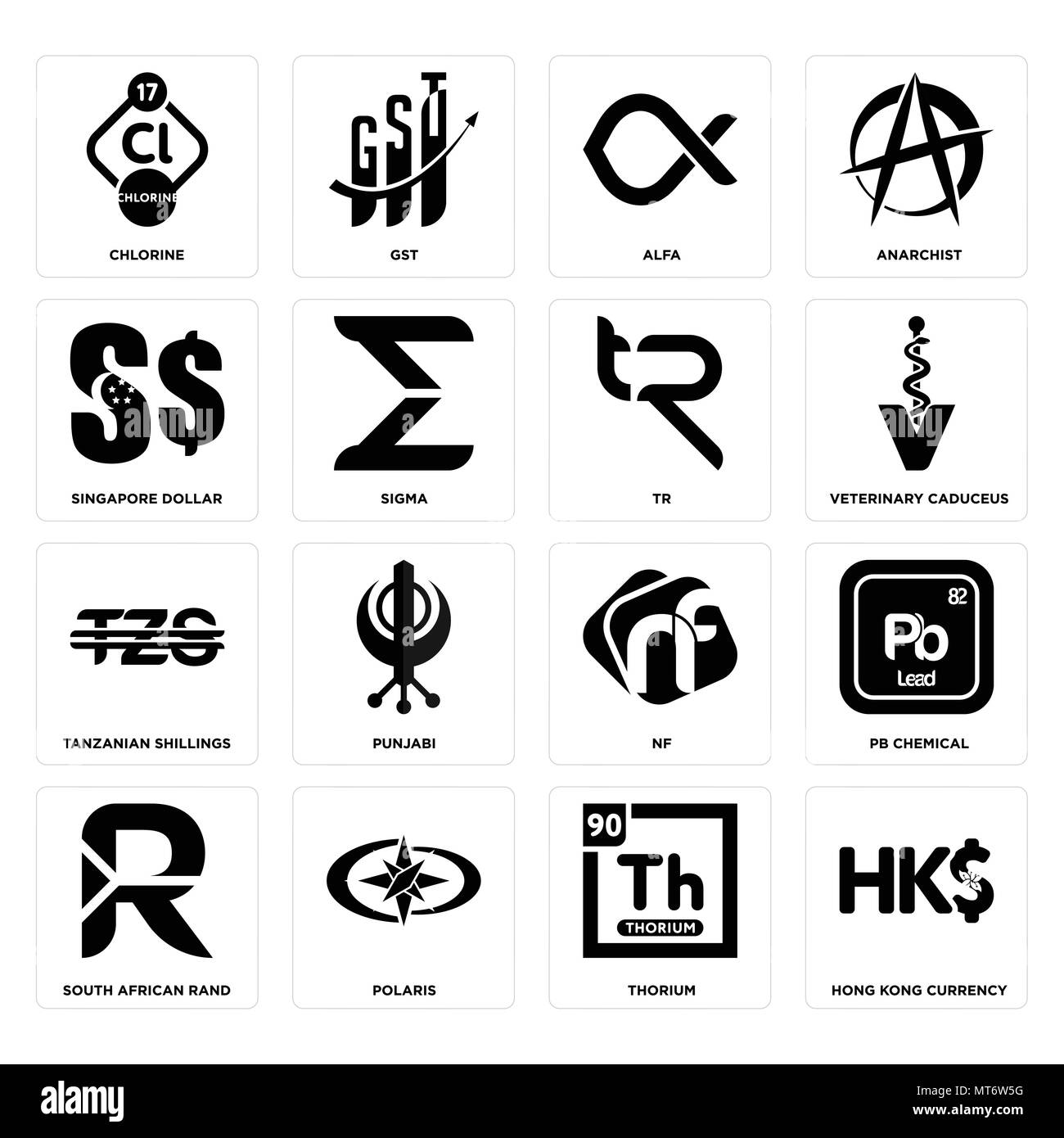 16 Einfache editierbare Ikonen wie hong kong Währung, Thorium, Polaris, South African Rand, pb Chemische, Chlor, Singapur Dollar, tansanischen s Stock Vektor