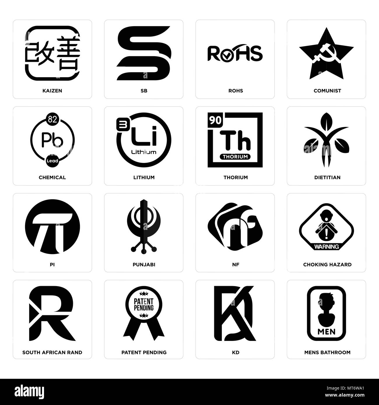 16 Einfache editierbare Ikonen wie mens Badezimmer, kd, zum Patent angemeldete, South African Rand, Erstickungsgefahr, Kaizen, chemische, Pi, Thorium kann uns Stock Vektor