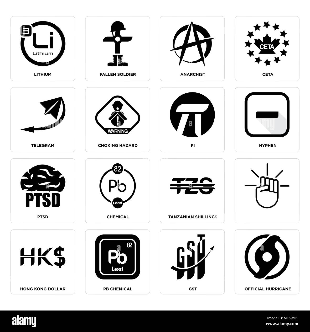 16 Einfache editierbare Ikonen wie offizielle Hurricane, gst, pb Chemische, Hong Kong Dollar,, Lithium, Telegramm, Ptsd, Pi kann für mobile verwendet werden, Stock Vektor