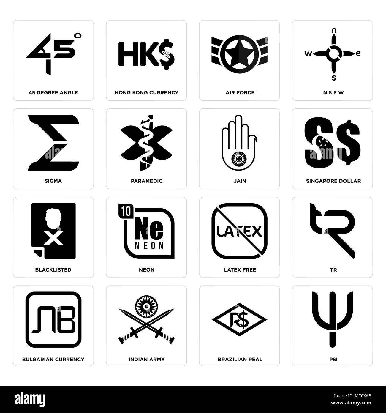 16 Einfache editierbare Ikonen wie Psi, brasilianischen Real, indischen Armee, bulgarische Währung, Tr, 45 Grad Winkel, Sigma, auf die schwarze Liste gesetzt, Jain verwenden können. Stock Vektor