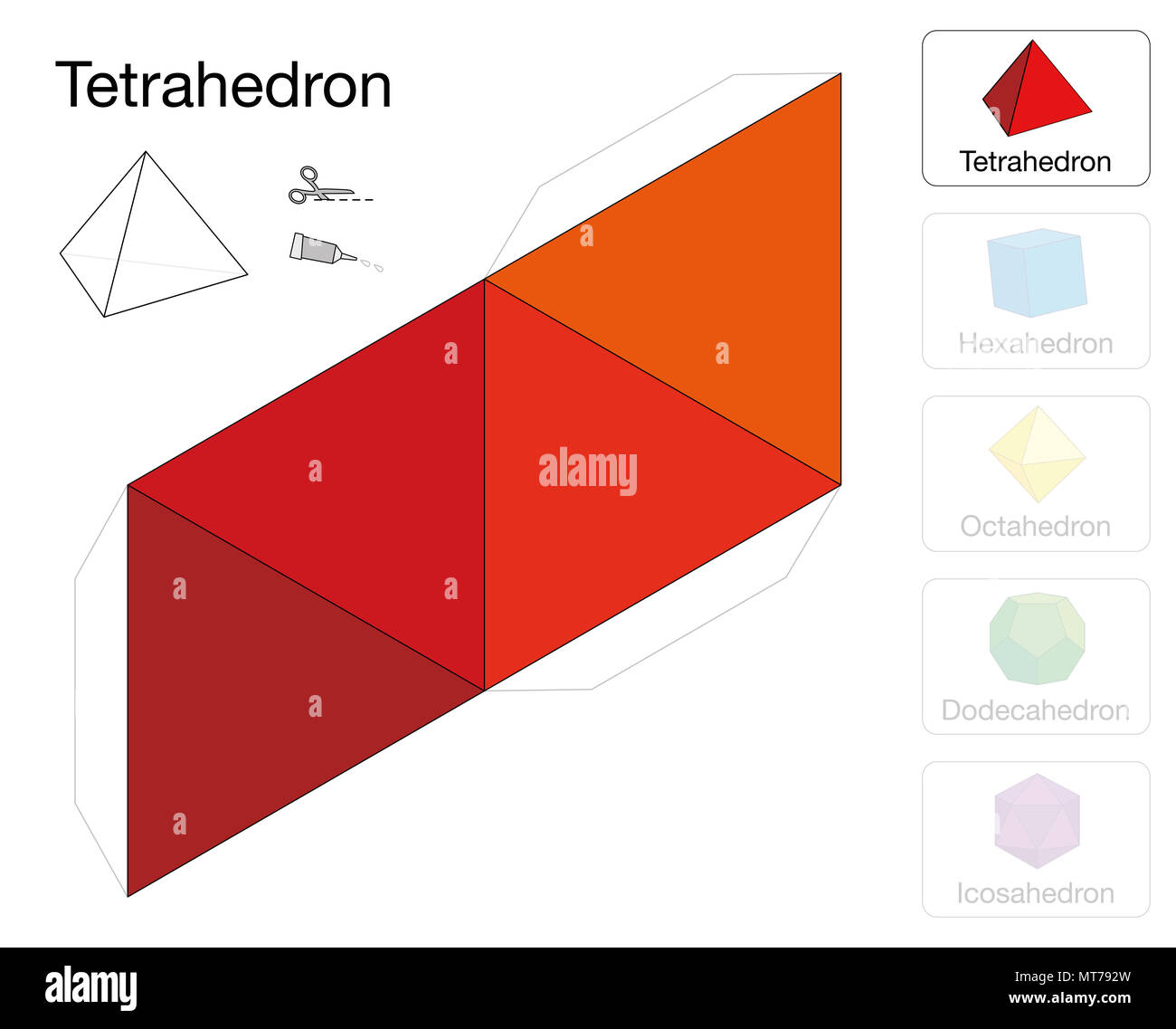 Tetraeder platonischen solide Vorlage. Papier Modell eines Tetraeders, einer der fünf Platonischen Körper, ein dreidimensionales handwerkliche Arbeit zu machen. Stockfoto