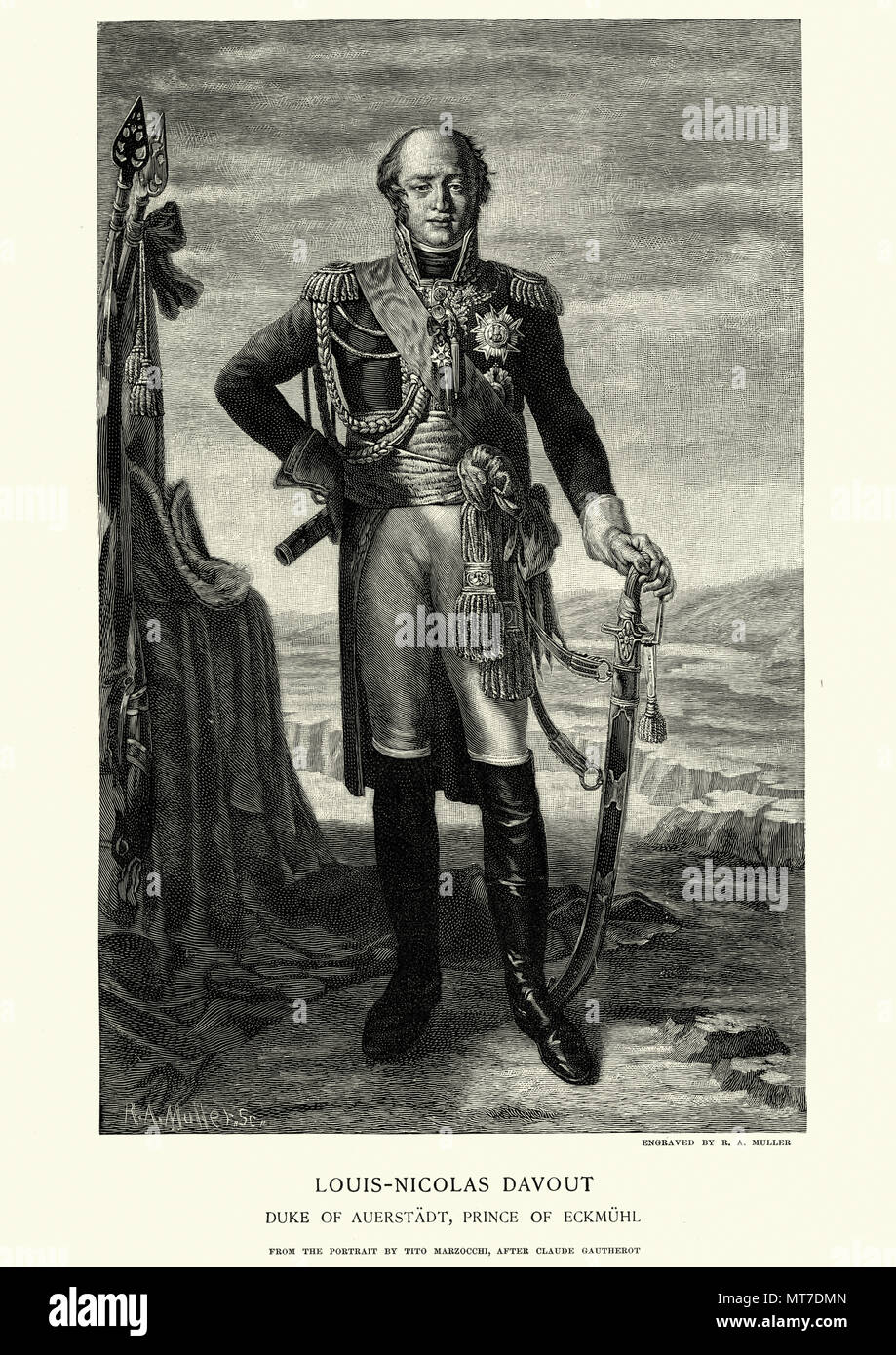 Vintage Gravur von louis-nicolas Davout vom 10. Mai 1770 - vom 1. Juni 1823, besser bekannt als Davout, 1. Herzog von Auerstaedt, 1 Prinz von Eckmühl, war ein Fren Stockfoto