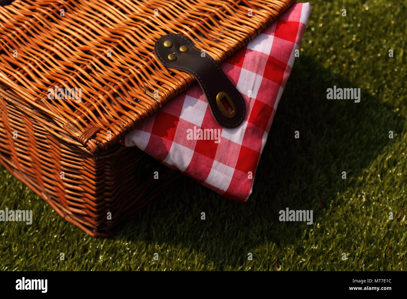 Rattan Picknickkorb mit einer rot-weiß karierten Tuch auf einem Gras Hintergrund Stockfoto