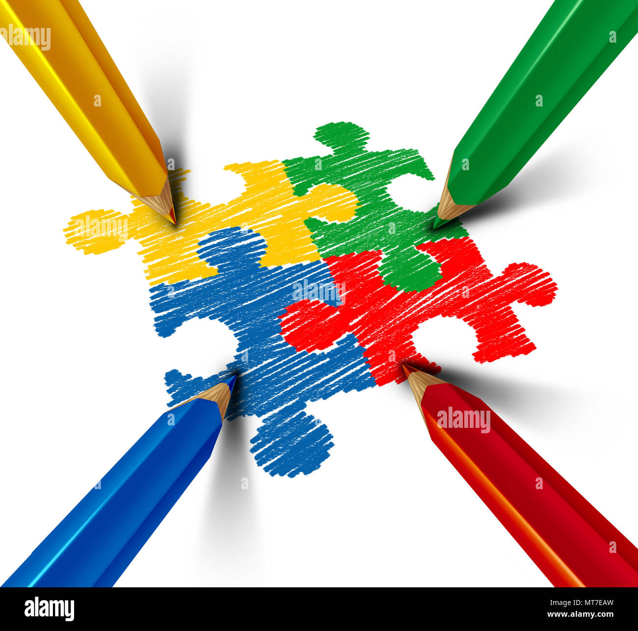 Autism Bewußtsein Entwicklungsstörung puzzle Kinder-Symbol als eine autistische Symbol wie Puzzleteile mit Farbe Bleistift gezeichnet wird. Stockfoto