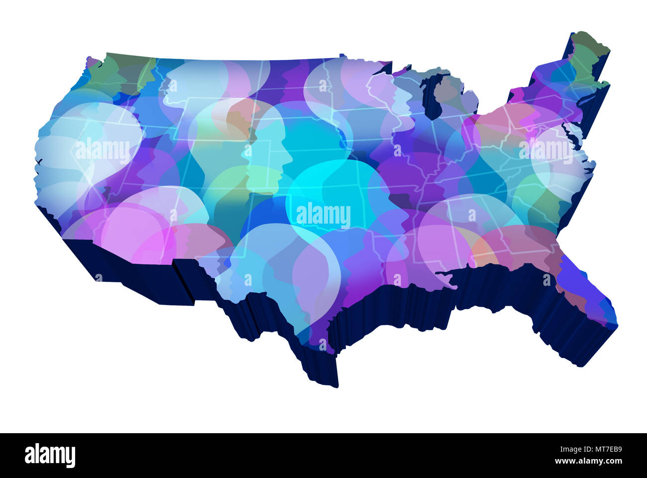 United States social media und amerikanischen Öffentlichkeit Vernetzung der Daten wie die USA mit einer Menge von Menschen als 3D-Abbildung auf weißen isoliert. Stockfoto