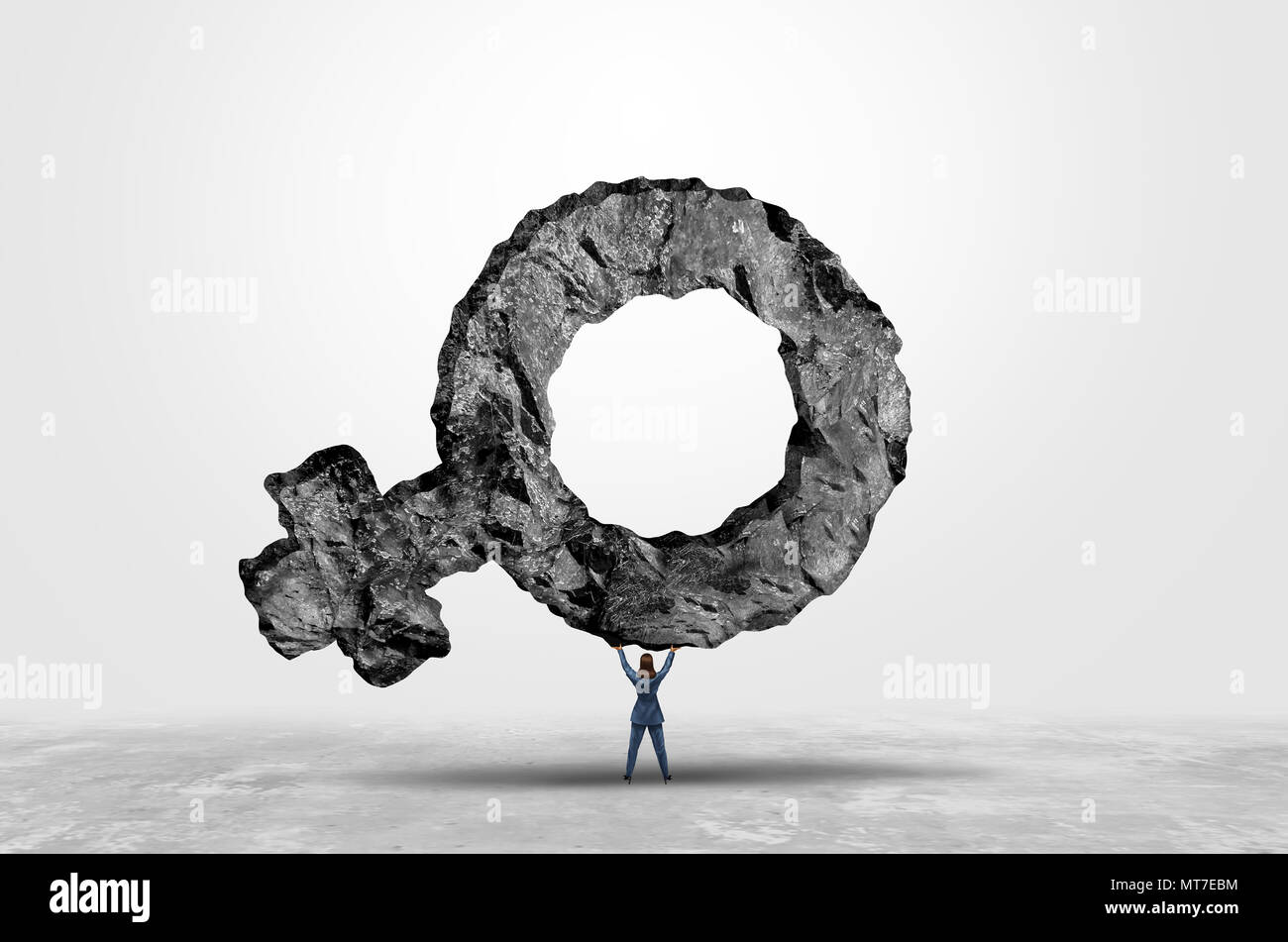 Frauen Power und Feminismus Mut als Frau heben ein weibliches Symbol in einer 3D-Darstellung. Stockfoto