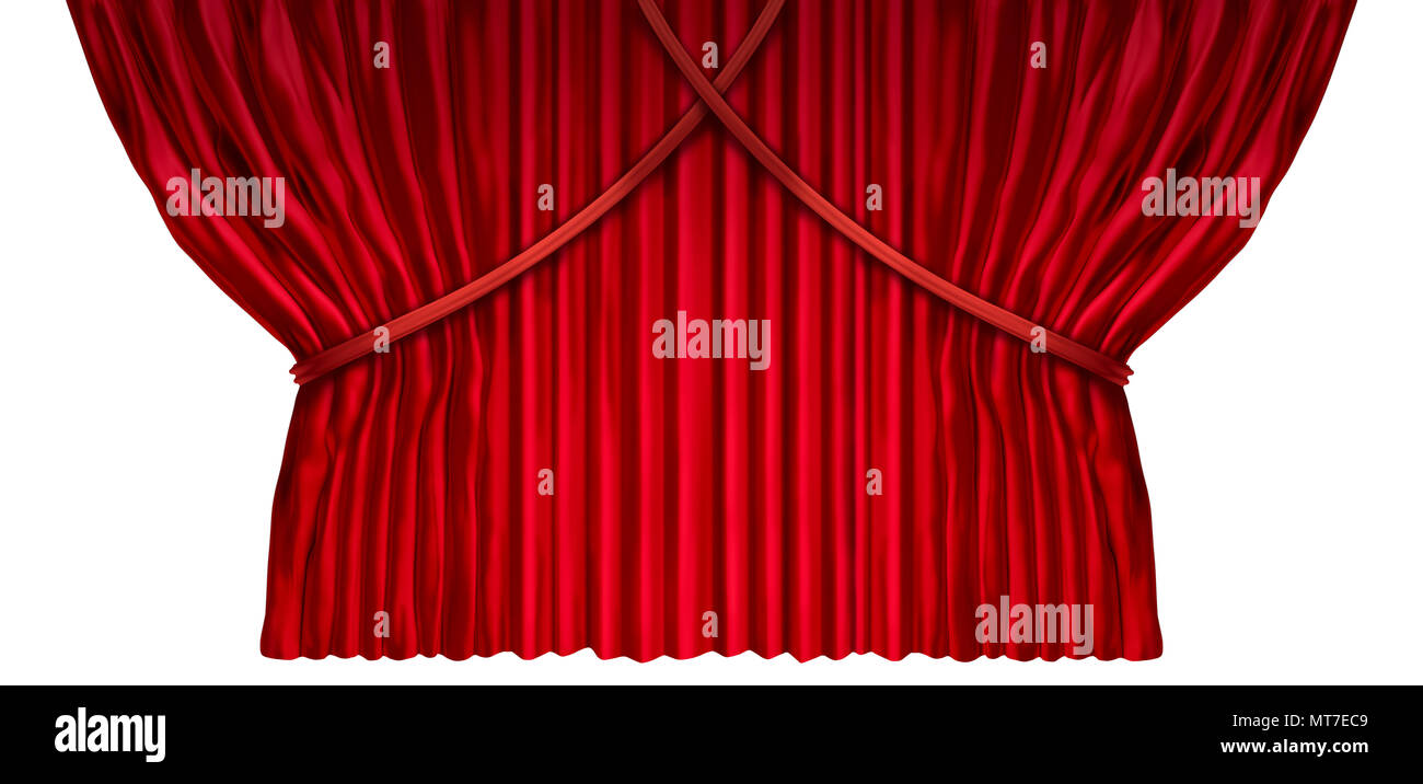 Vorhang design Element wie Kino oder Theater Vorhänge mit rotem Samt Material auf zwei Seiten für eine Präsentation oder eine Ankündigung geöffnet isoliert. Stockfoto