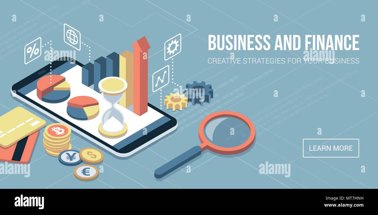 Wirtschaft, Finanzen und Investitionen App auf einem Smartphone mit Kreditkarten und Währungen Stock Vektor