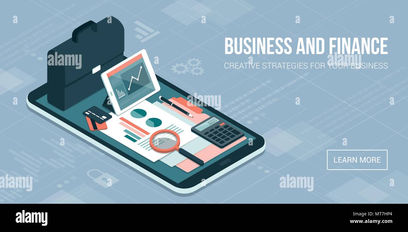Business und Finanzen Management App für Unternehmen, Geschäftsausstattung und Symbole auf einem Smartphone Stock Vektor