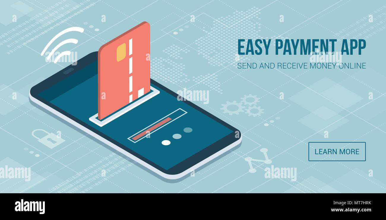 Sichere und einfache e-Zahlungen auf dem Smartphone mit Apps: Die Zahlung ist mit der Kreditkarte verarbeitet Stock Vektor