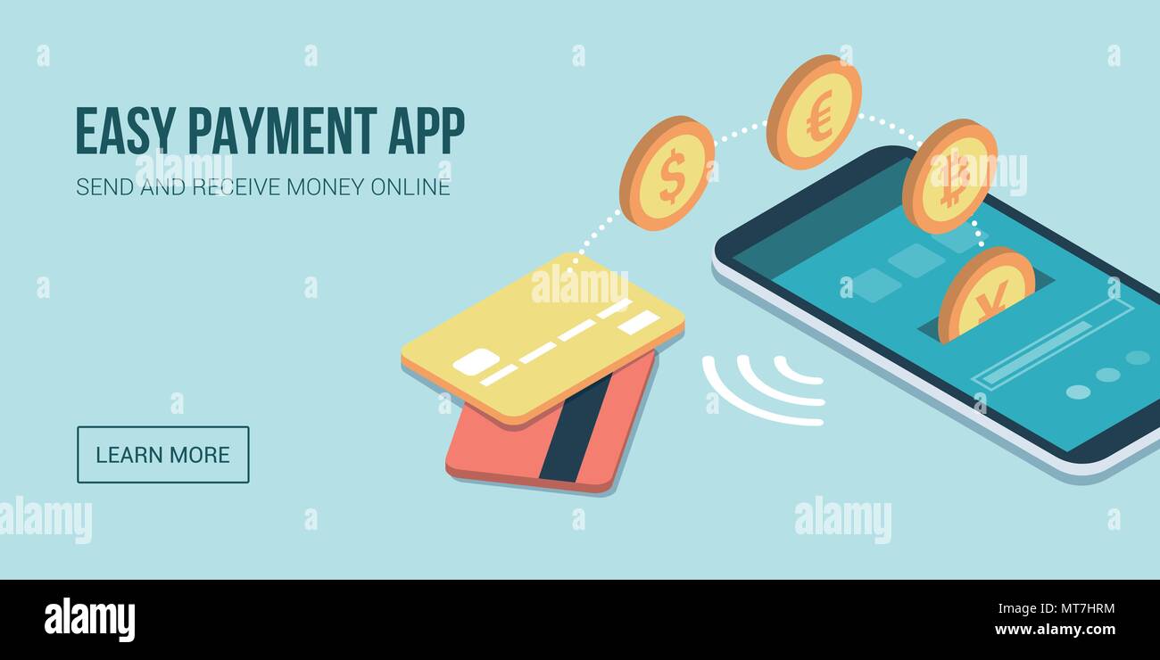 Sichere und einfache e-Zahlungen auf dem Smartphone mit Apps und internationalen Währungen: Ein Benutzer erhält Geld auf seinem Smartphone Stock Vektor