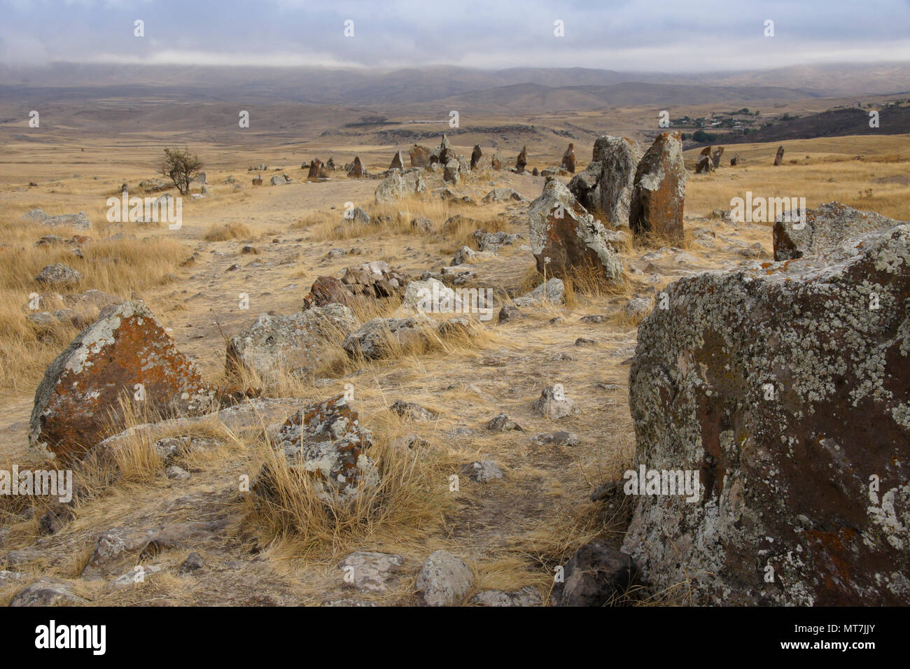 Karahunj (Carahunge) Sternwarte in der Nähe der Stadt Sisian, Armenien Stockfoto