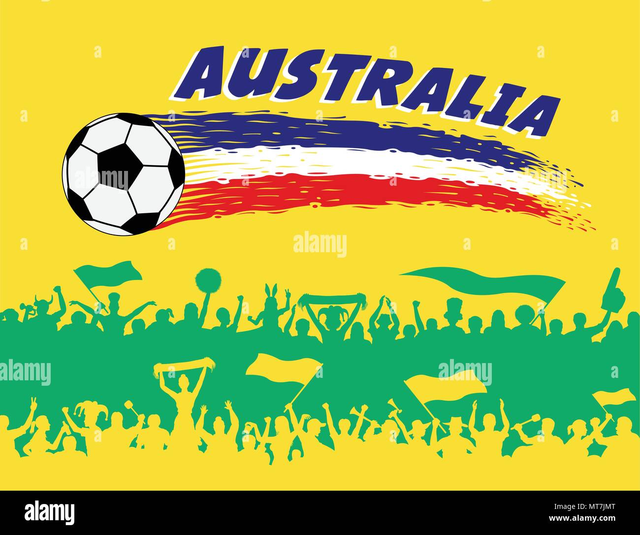 Australien Flagge Farben mit Fußball und australischen Fans Silhouetten. Alle Objekte, Pinselstriche und Silhouetten werden in verschiedenen Schichten ein Stock Vektor