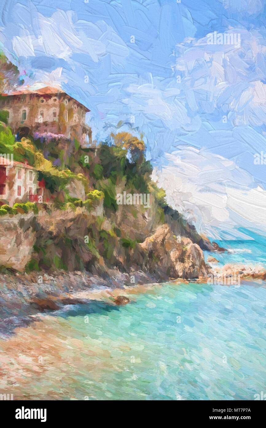 Digitale Kunst Malerei eines original Foto von schönen Häusern auf Felsen in der Nähe des Ozeans in Italien. Dieses impressionistischen Öl Gemälde Leinwand Effekt erzeugt Stockfoto
