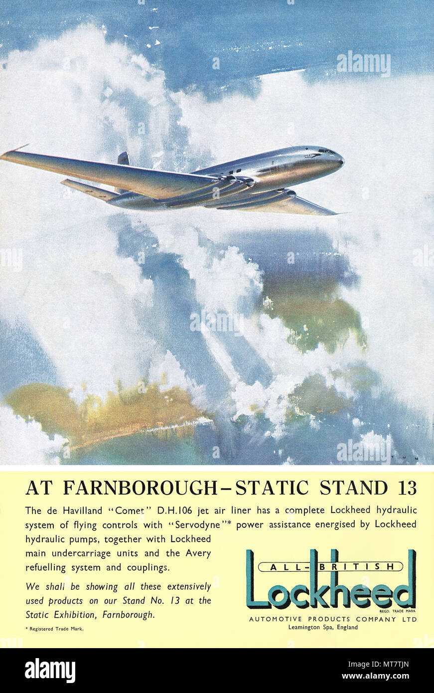 1950 britischen Werbung für Lockheed Luftfahrt Systeme, mit der De Havilland DH 106 Comet Jet Airliner. Stockfoto