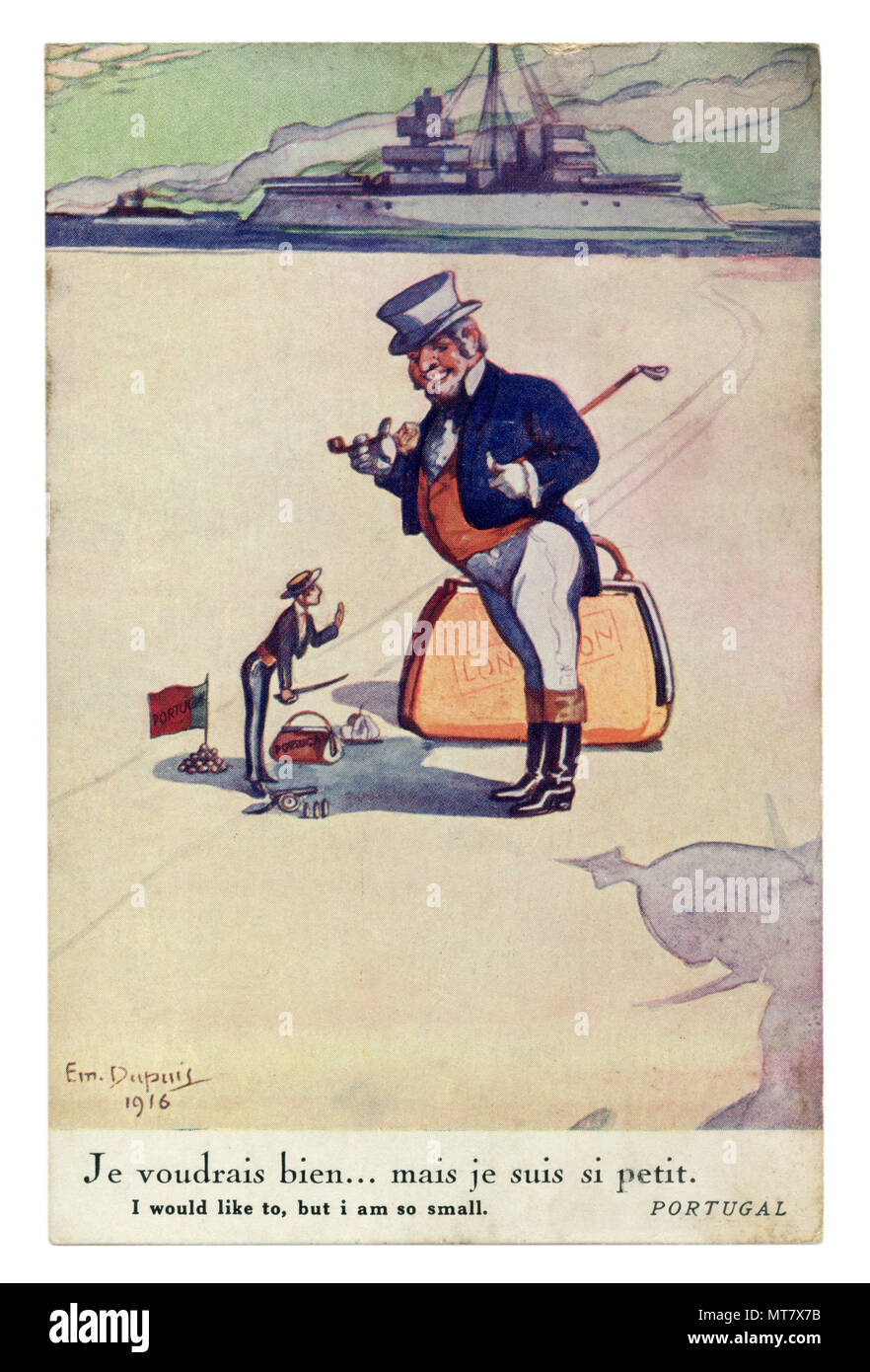 Französisch Historische Postkarte: Politische Satire in einem neutralen Land: "ICH HABE, aber ich bin so kleine "Portugal befindet sich an einem Scheideweg. London oder Berlin? Stockfoto
