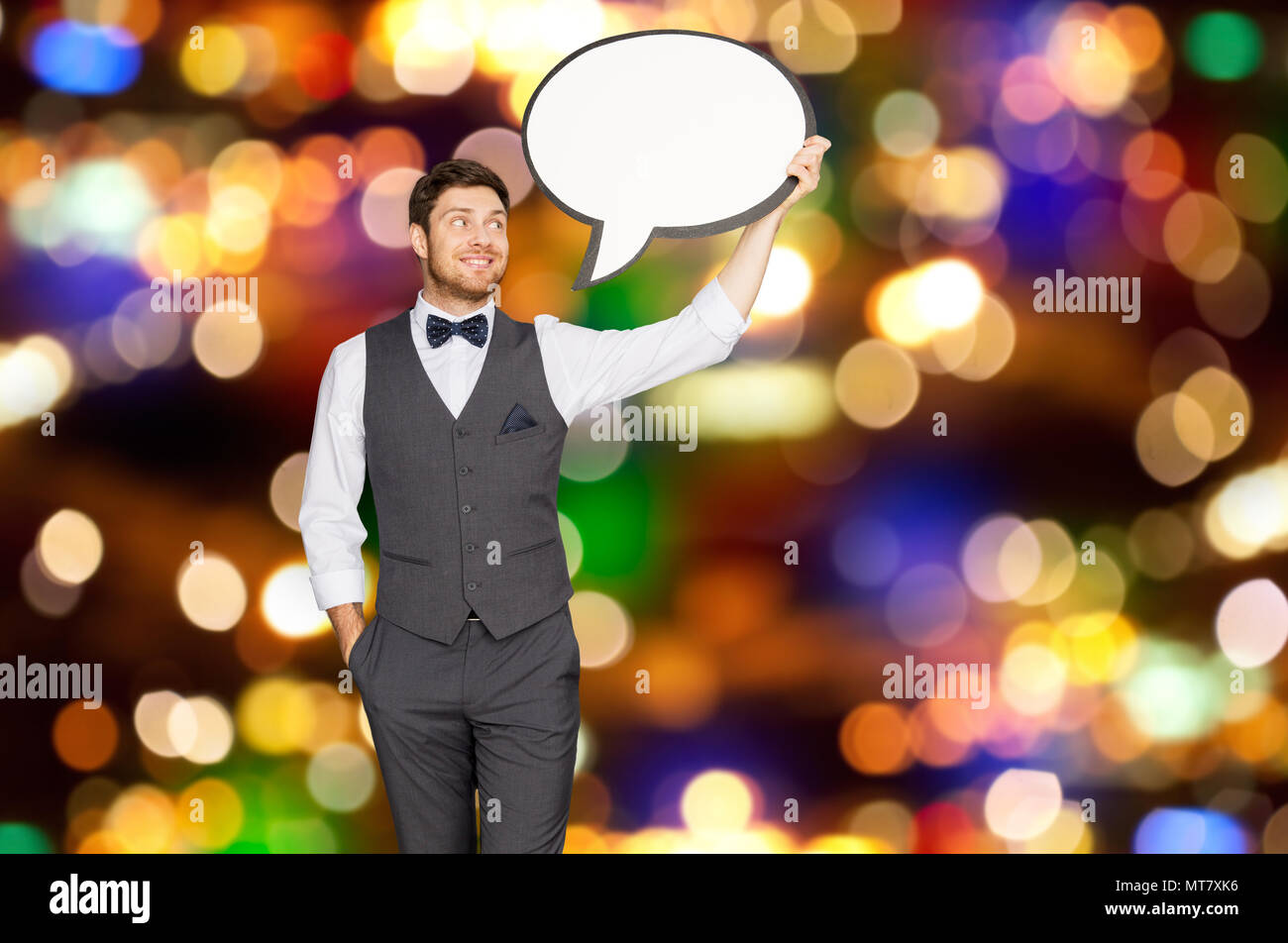 Mann mit leeren Text blase Banner über Leds Stockfoto