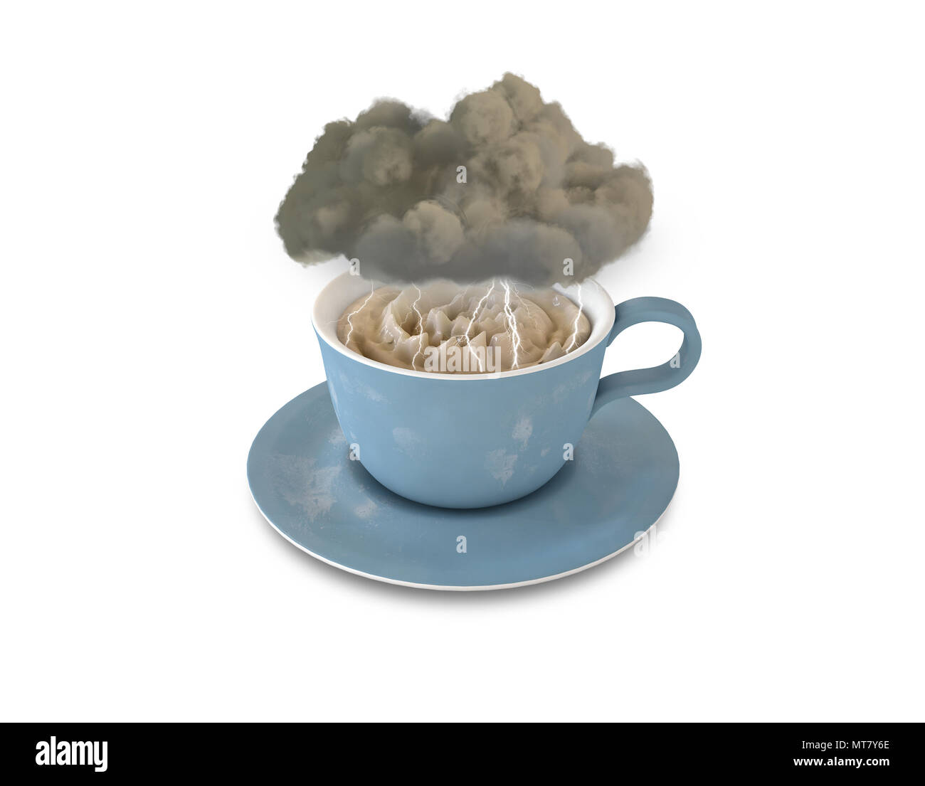 Eine wörtliche Konzept eines Schwarzen storm Cloud hoverring über eine turbulente Tasse Tee mit dem Blitz auf einem isolierten Hintergrund - 3D-Rendering Stockfoto