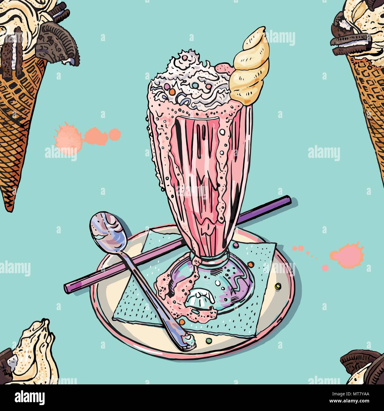 Rosa Einhorn Milchshake und Cookie Vanille Eis nahtlose Muster. Cute trendigen Pastellfarben Sommer dessert Hintergrund. Cafe, Restaurant, textile delicious Design. Stock Vektor