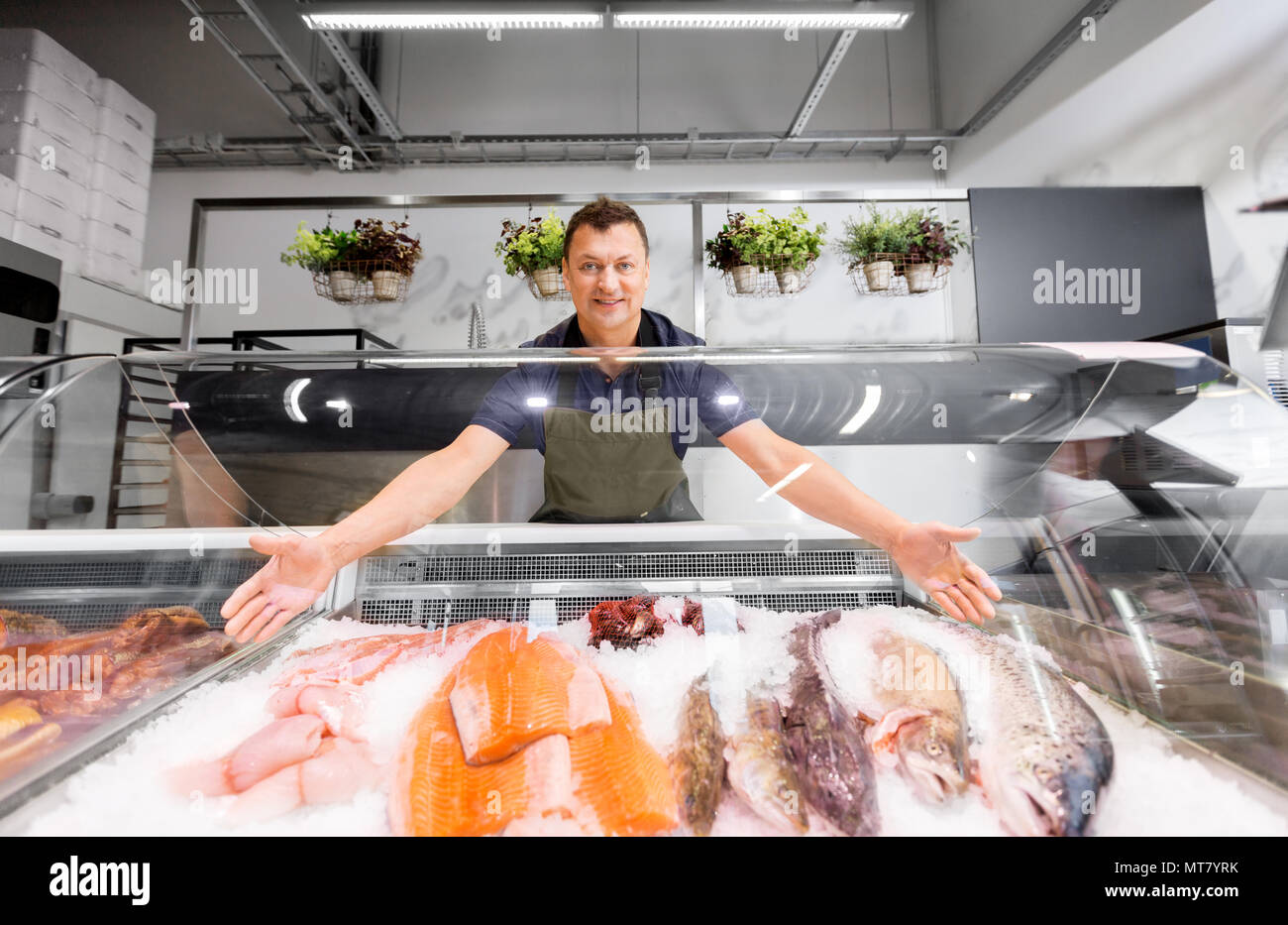 Männliche Verkäufer übersicht Meeresfrüchte Fisch shop Kühlschrank  Stockfotografie - Alamy