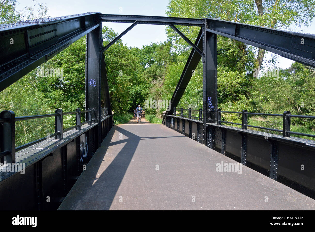 Ein frame Eisenbahnbrücke über den Fluss Wensum in der Nähe von Hellesdon, Norfolk, jetzt Teil der Marriott so lange Strecken zu Fuß/Radweg Stockfoto