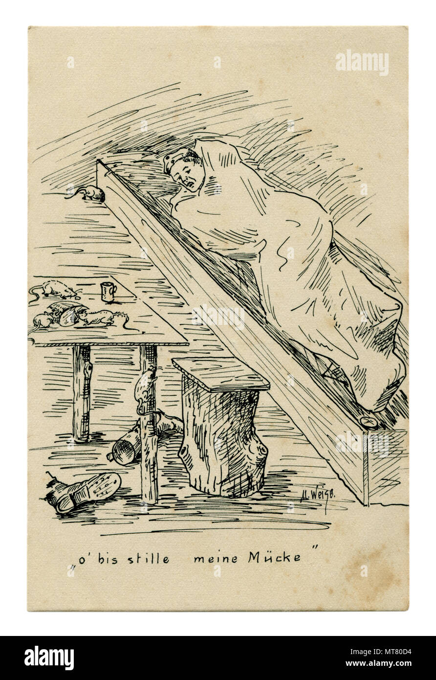 Deutsche Historische Postkarte: Schwarz und Weiß bleistift Skizze. Soldat ruht im Dugout. Mäuse und Ratten essen übrig gebliebene Brot auf dem Tisch. 1914-1918 Stockfoto