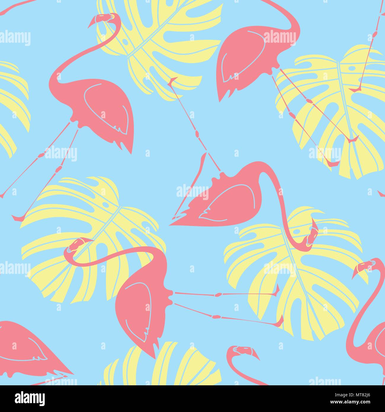 Silhouette Flamingo und monstera Random auf blauem Hintergrund. Nahtlose Muster Hintergrund Design für die Sommersaison im Vector Illustration. Stock Vektor