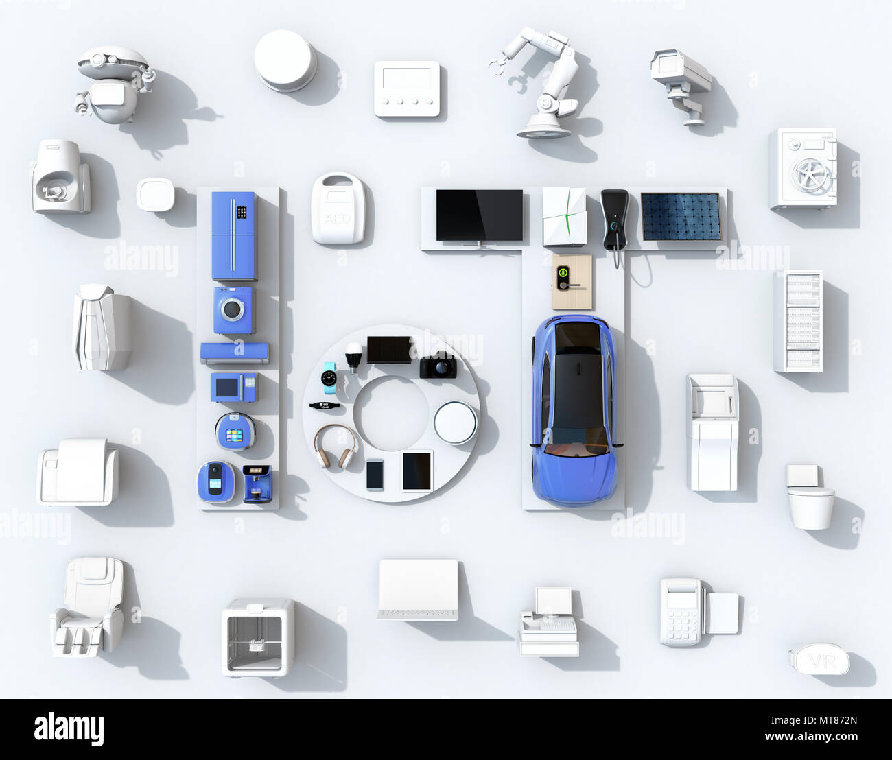 Smart Appliances auf weißem Hintergrund. Internet der Dinge und Home Automation Konzept. Consumer Products. 3D-Bild. Stockfoto