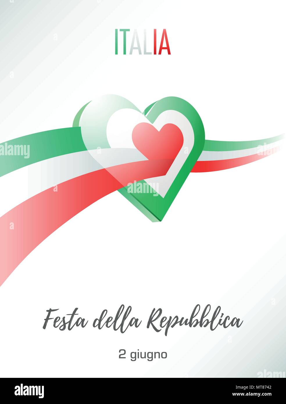 Juni 2. Tag der Republik Italien. Grußkarte mit Winkenden italienische Flagge kreuze Herz. Vector Illustration. Stock Vektor