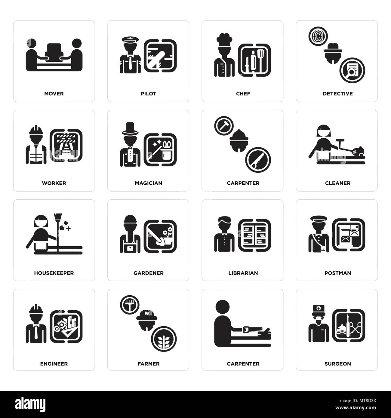 16 Einfache editierbare Ikonen wie Chirurgen, Tischler, Landwirt, Ingenieur, Postboten, Mover, Arbeiter, Haushälterin, Tischler für mobile, w verwendet werden Stock Vektor