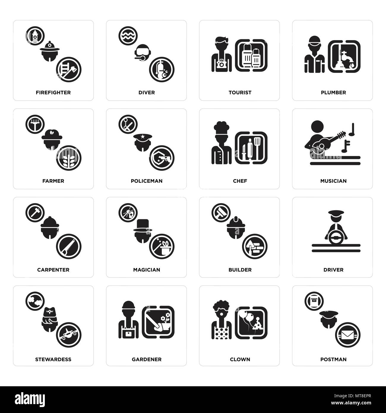 16 Einfache editierbare Ikonen wie Postman, Clown, Gärtner, Stewardess, Treiber, Feuerwehrmann, Landwirt, Tischler, Koch kann für mobile, Web verwendet werden. Stock Vektor