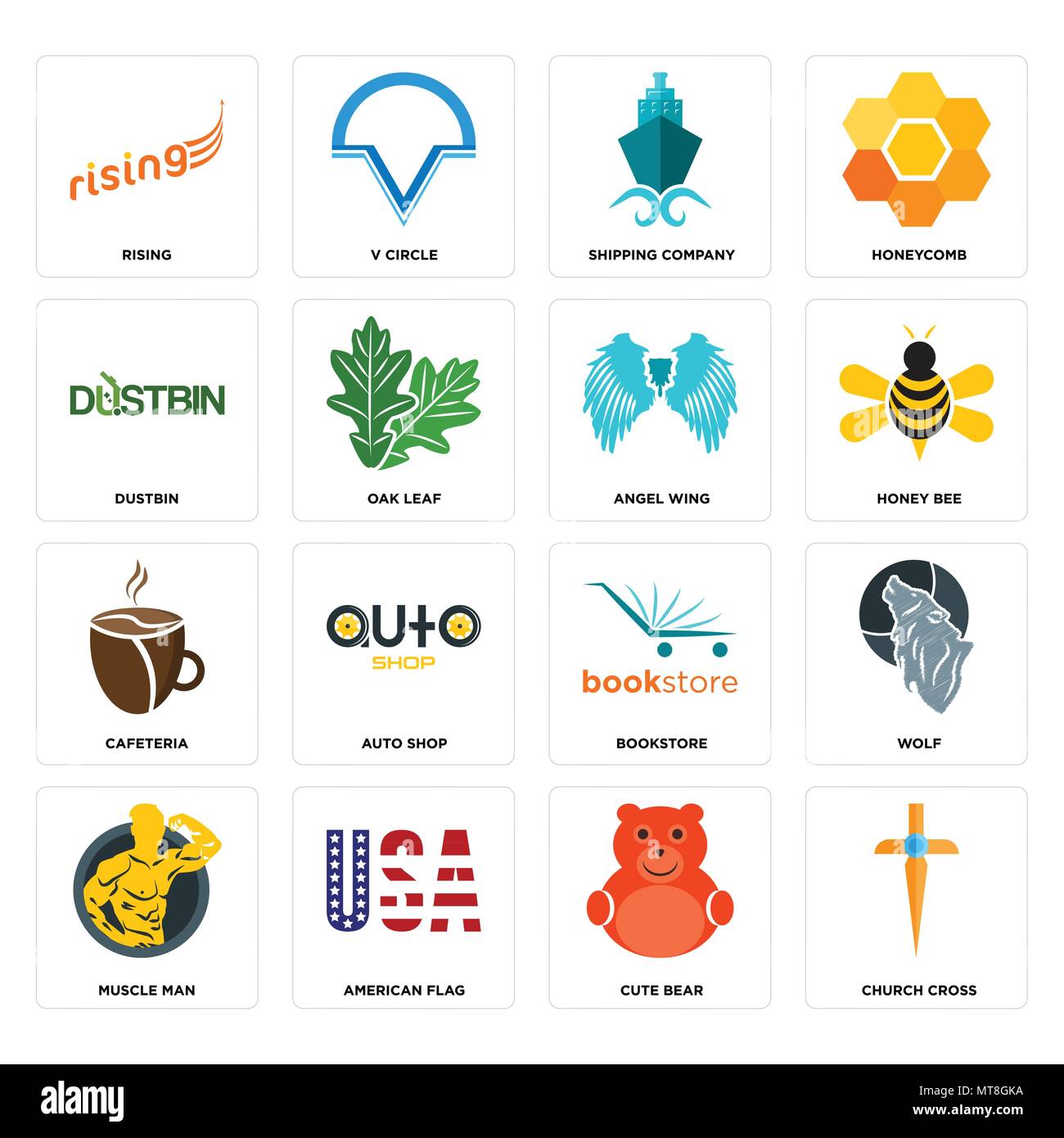 16 Einfache editierbare Ikonen wie Kirche überqueren, niedliche Bär, amerikanische Flagge, Kraftprotz, Wolf, steigend, Mülleimer, Cafeteria, Angel Wing können f verwendet werden. Stock Vektor