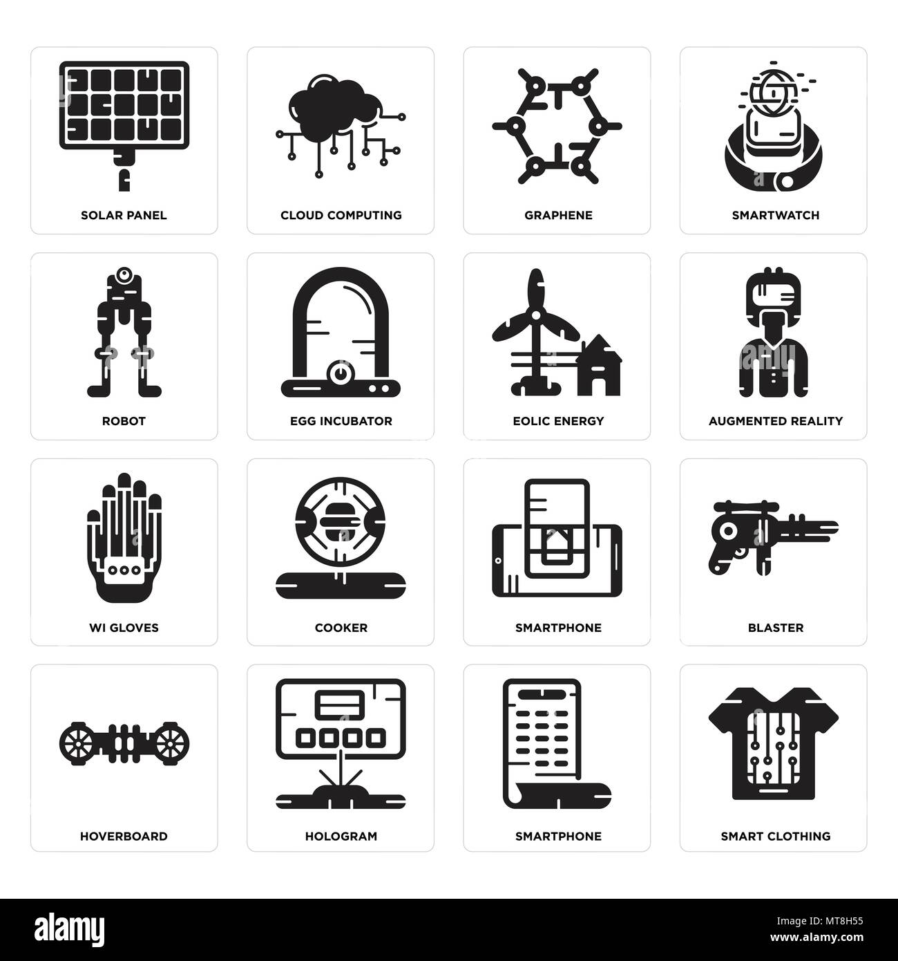 16 Einfache editierbare Symbole wie intelligente Kleidung, Smartphone, Hologramm, Hoverboard, Blaster, Solar Panel, Roboter, Wi Handschuhe, Windrad dreht Energie kann sein Stock Vektor