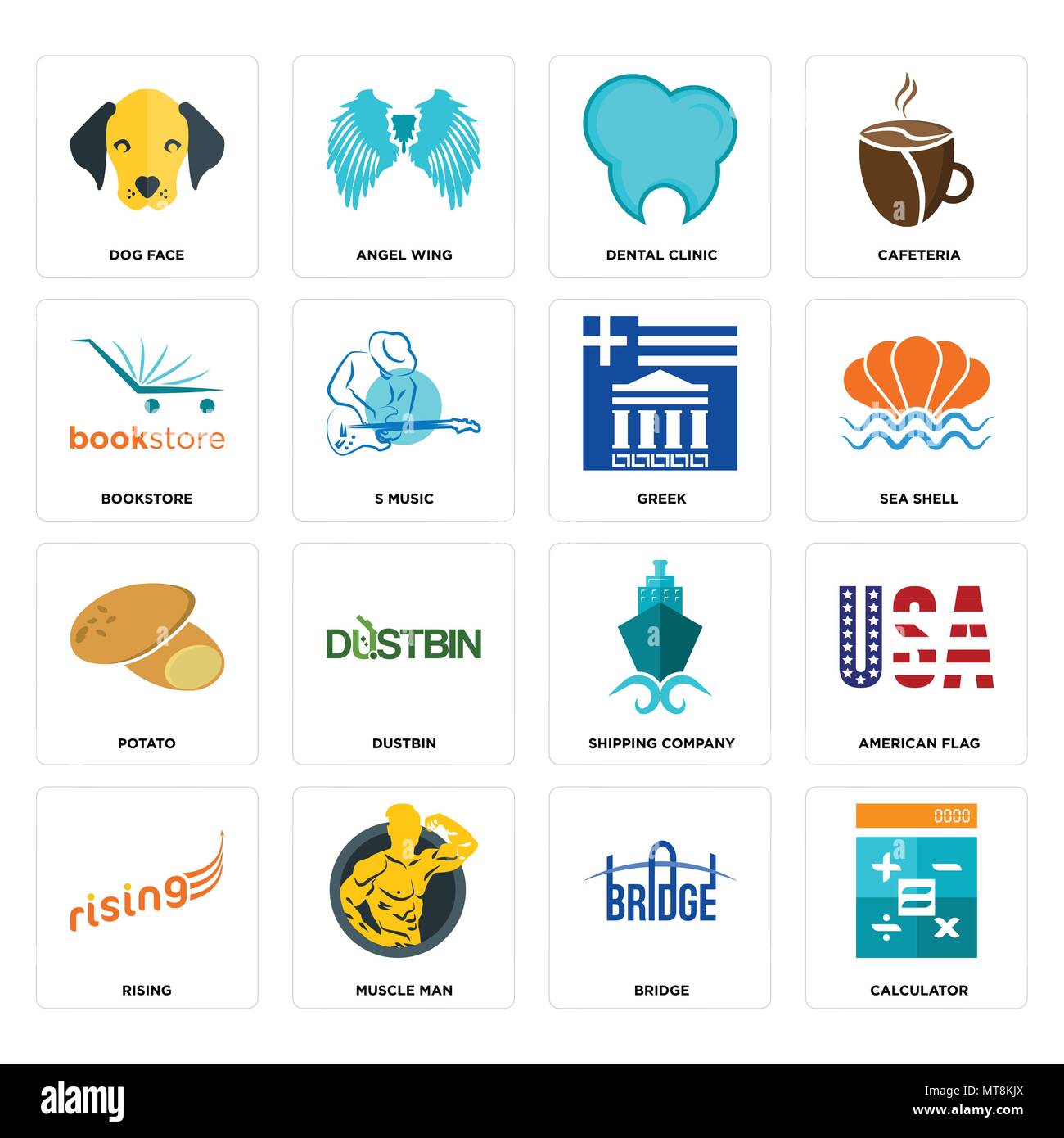 16 Einfache editierbare Ikonen wie Taschenrechner, Brücke, Kraftprotz, steigende, amerikanische Flagge, Hund, Buchhandlung, Kartoffel, griechische kann für Mobi verwendet werden. Stock Vektor