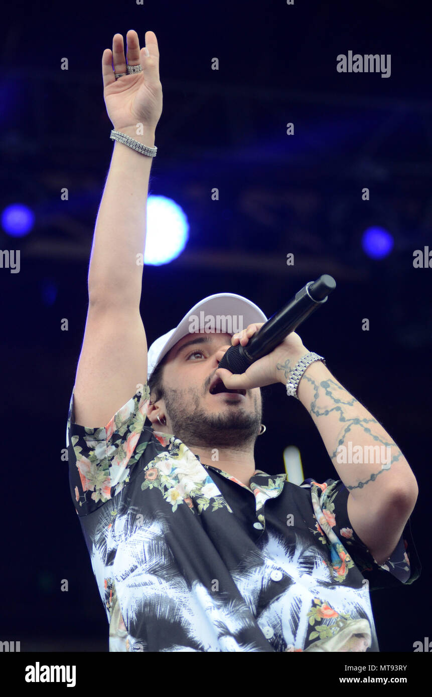 Falcon Höhen, Minnesota, USA. 27. Mai, 2018. Rap artist Russ führt während der soundset Music Festival am Minnesota State Fairgrounds in Falcon Heights, Minnesota. Ricky Bassman/Cal Sport Media/Alamy leben Nachrichten Stockfoto