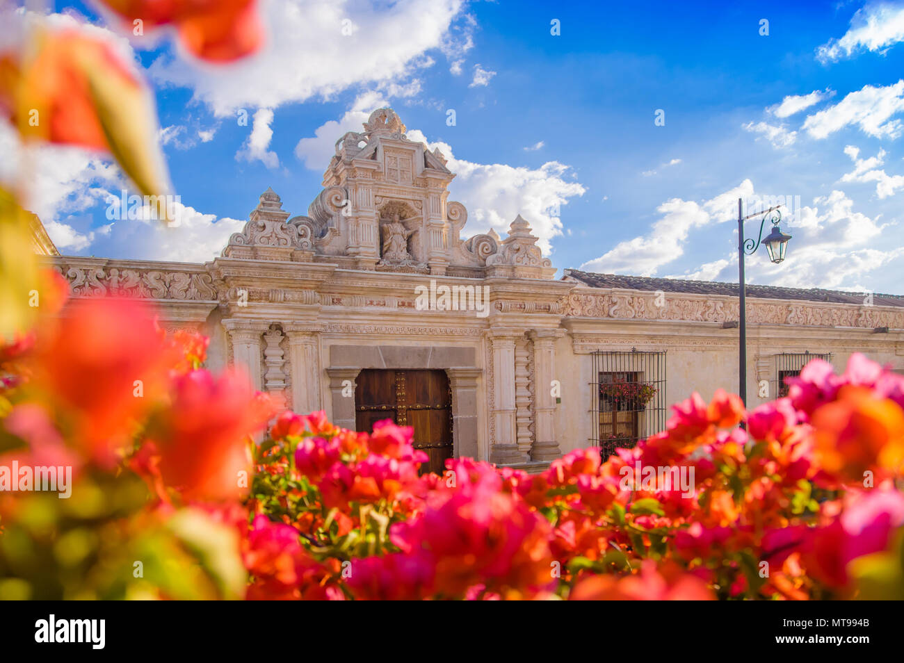 Ciudad de Guatemala, Guatemala, April, 25, 2018: in der Nähe von selektiven Fokus des unscharfen Blumen mit alten Gebäude mit geschnitzten Strukturen hinter in die Stadt Antigua in einem wunderschönen sonnigen Tag Stockfoto