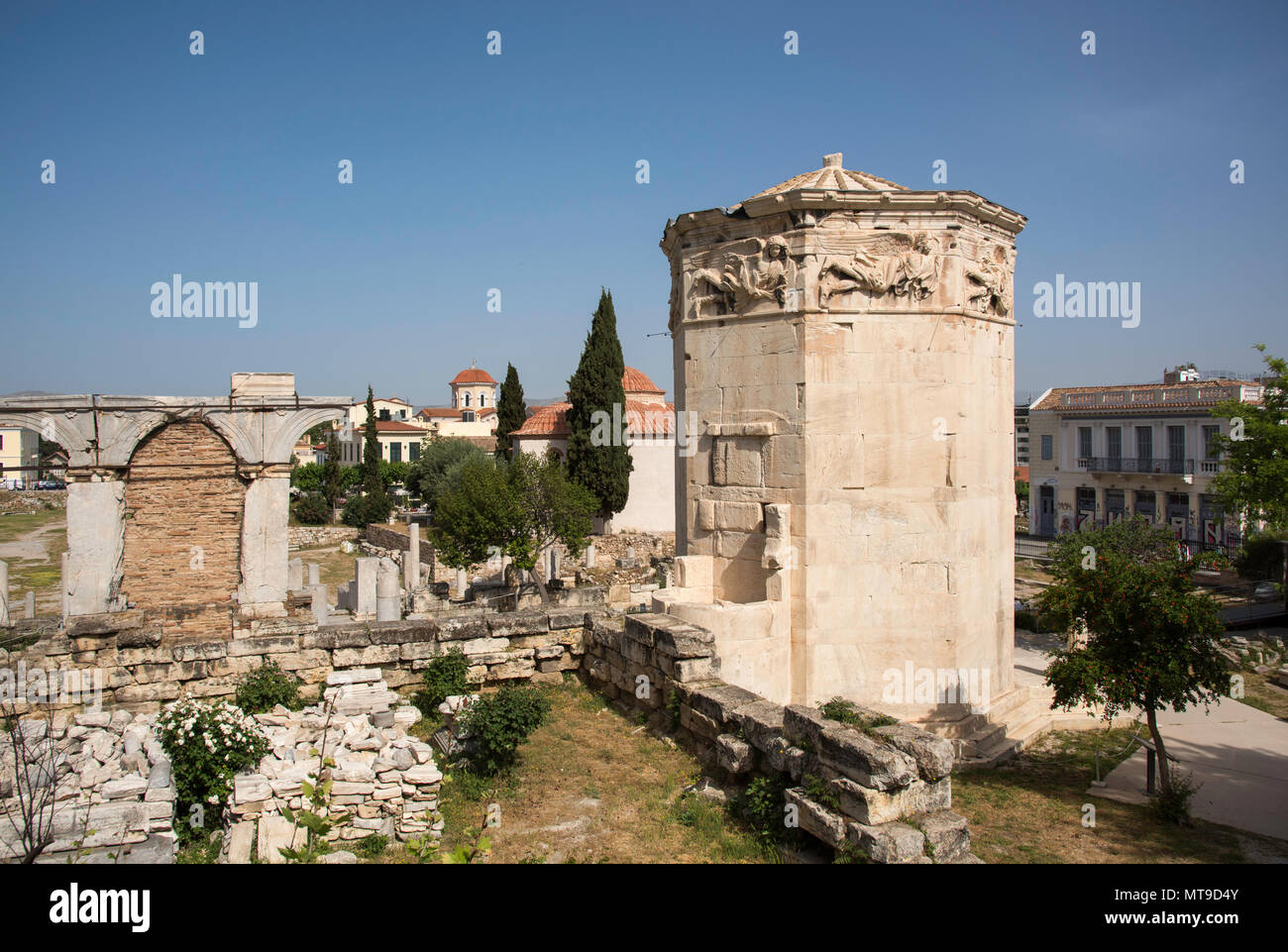 Der Turm der Winde ist ein achteckiger Pantelic clocktower in der römischen Agora in Athen, Griechenland. Es fungierte als Zeitmesser und ist die w Als Stockfoto