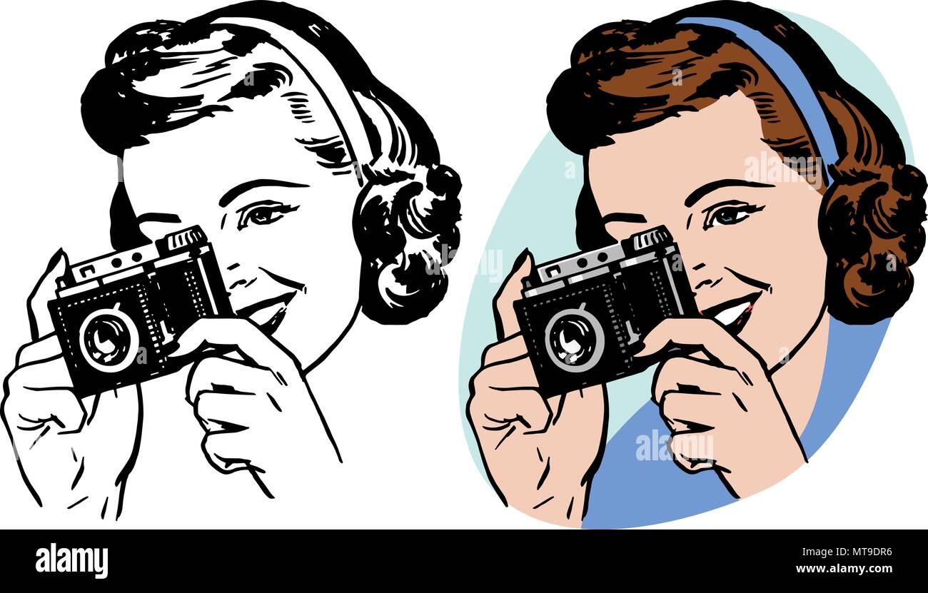 Eine junge Frau nimmt ein Foto mit einer alten Kamera. Stock Vektor