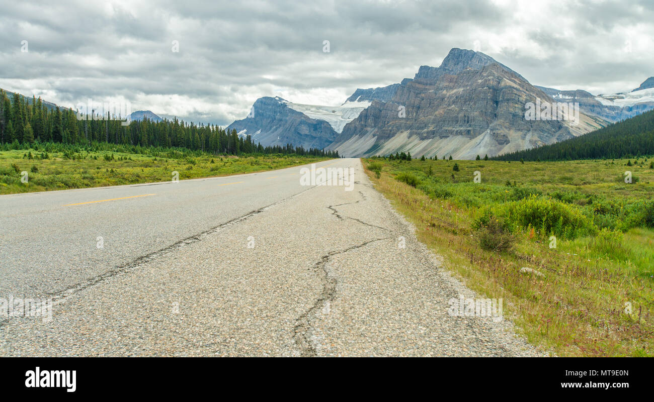 Blick vom Icefield Parkway, der Straße von Banff nach Jasper in Kanada. Riesige Berge, hängenden Gletschern, Schnee und borealen Wald auf dieser Reise. Stockfoto
