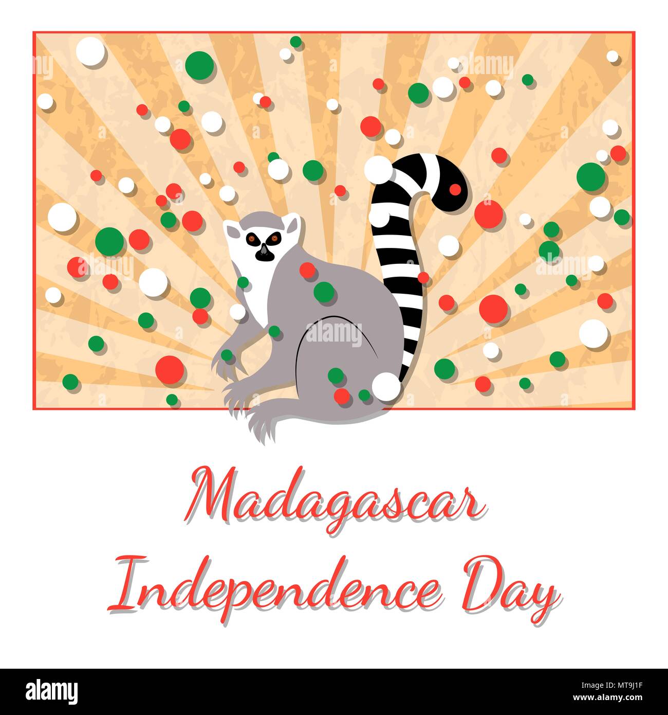 Tag der Unabhängigkeit in Madagaskar. 26. Juni. Konzept der ein nationaler Feiertag. Die Strahlen von unten, Lemur. Gelber Hintergrund, grunge Textur. Kreise der Flagge col Stock Vektor