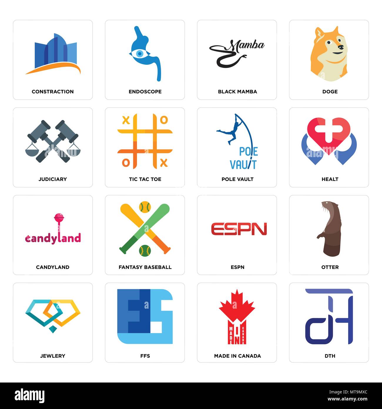 16 Einfache editierbare Ikonen wie Dth, in Kanada, ffs, Schmuck, Otter, constraction, Justiz, candyland, Stabhochsprung können für mobil verwendet werden. Stock Vektor